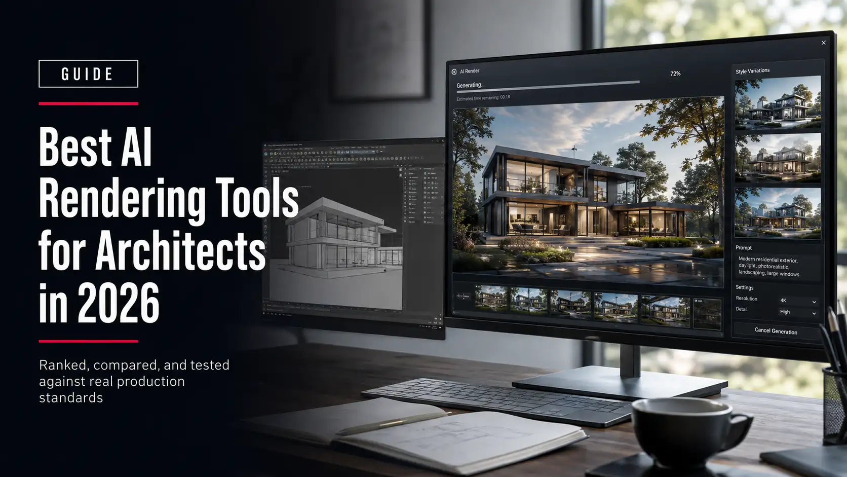 Split-screen workspace showing a 3D wireframe model next to AI rendering tools for architects generating a photorealistic exterior at 72 percent completion