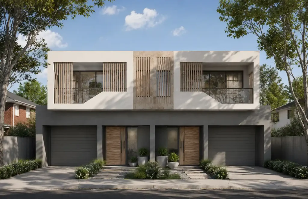 Modern twin villa exterior rendering with timber slat cladding, created by Archvizly for residential developers and property marketing agencies.