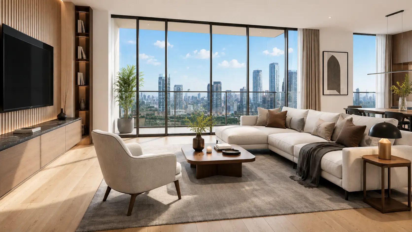 Interior render of an off-plan apartment living room with floor-to-ceiling windows and a city skyline view
