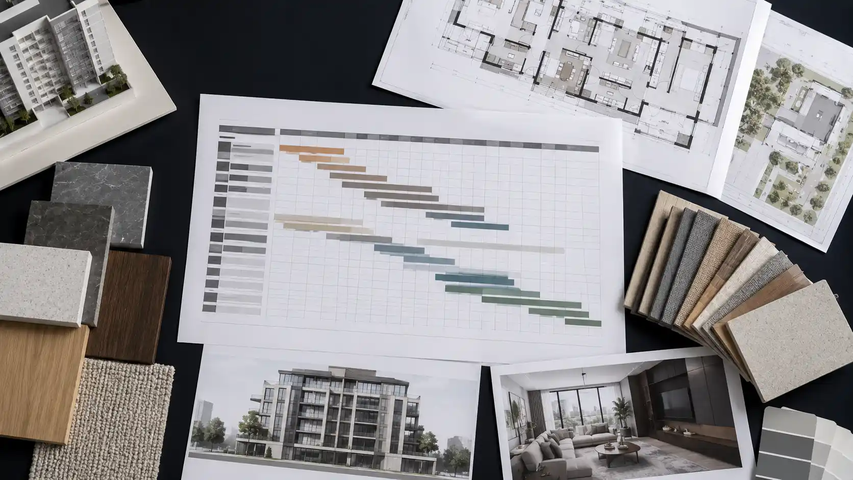 Flat-lay of an off-plan launch production schedule, architectural drawings, and material samples