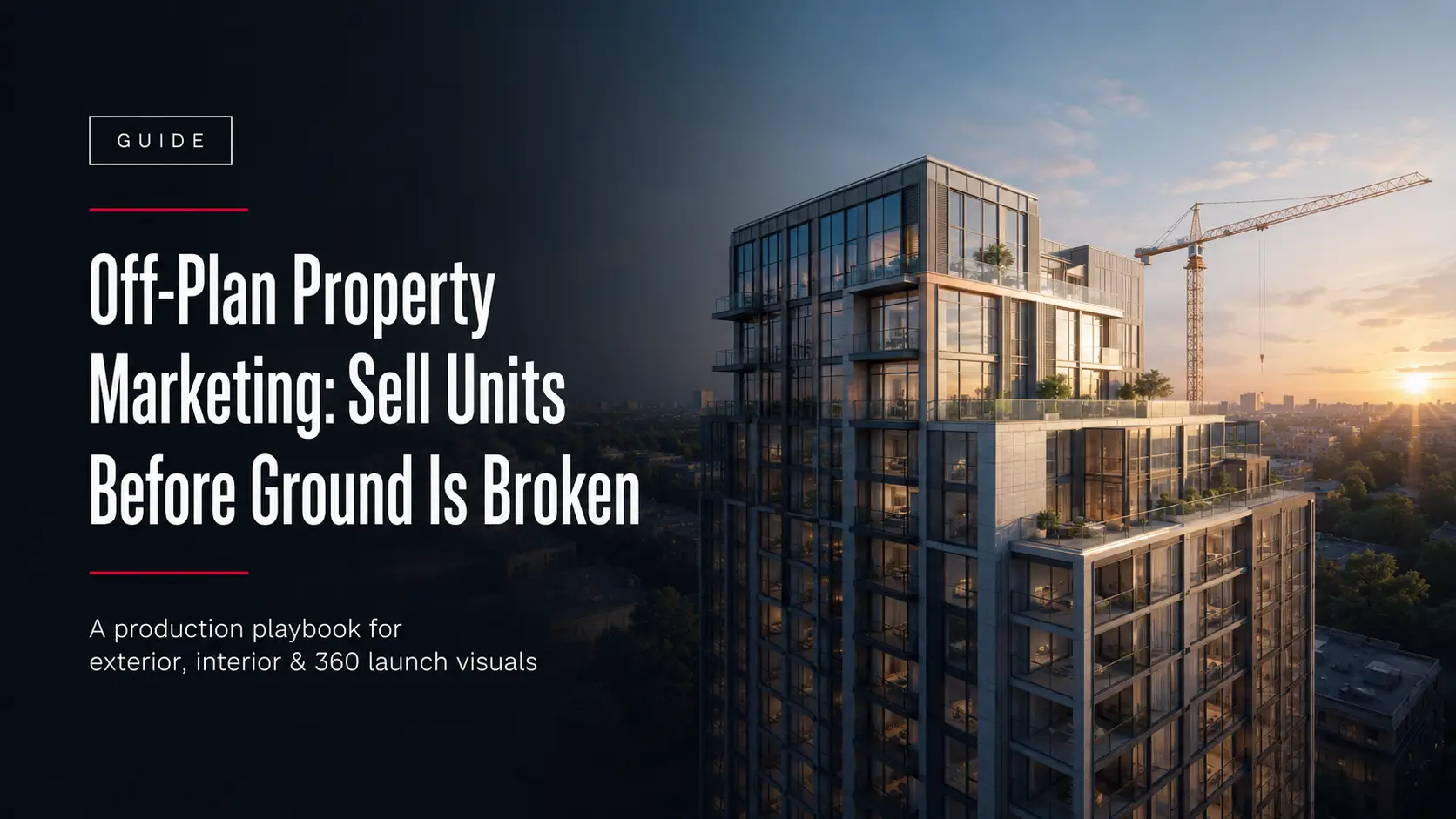 Off-plan property marketing guide cover image with an exterior tower render at dusk