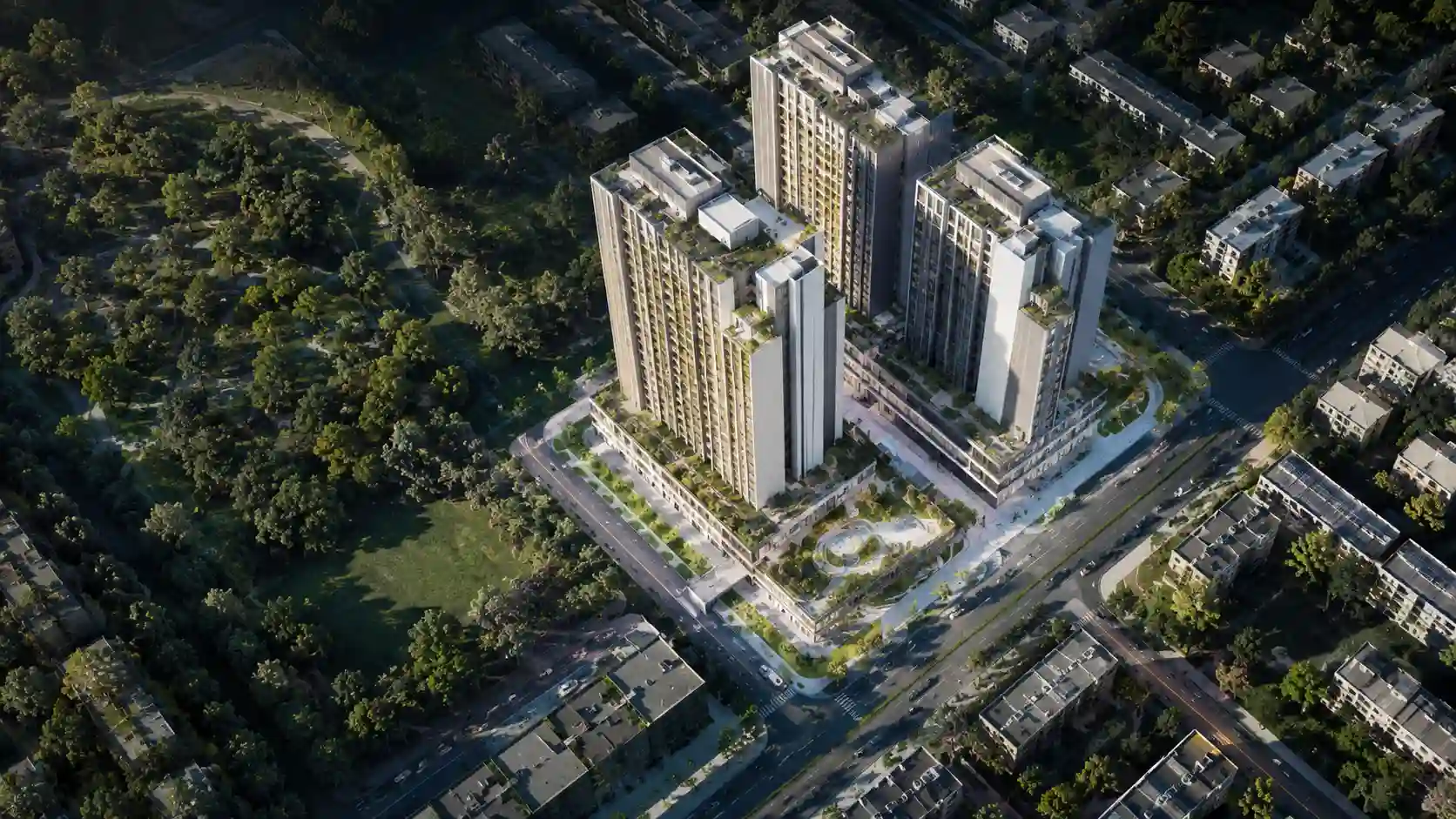Aerial CGI view of an off-plan residential tower cluster within its surrounding masterplan