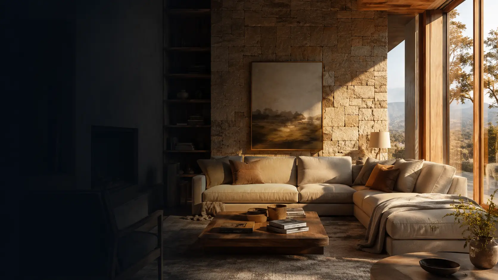 photorealistic 3D rendering for interior design client approval showing stone wall and sunset lighting