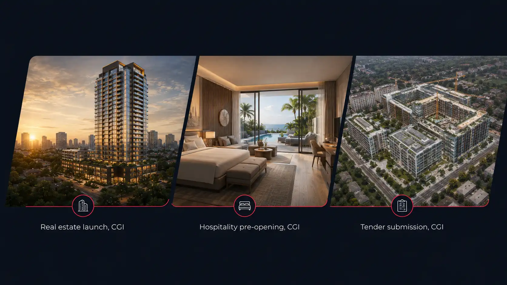 AI vs CGI architectural visualization shown across a real estate launch, a hospitality pre-opening, and a tender submission