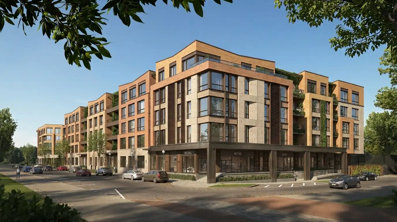 Real estate rendering of a multi-unit apartment building exterior for a pre-construction listing