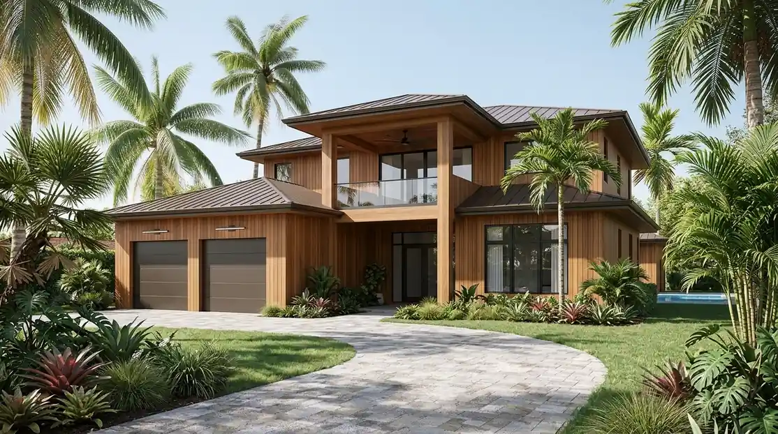 Exterior real estate rendering of a tropical-style luxury villa with pool for an off-plan listing