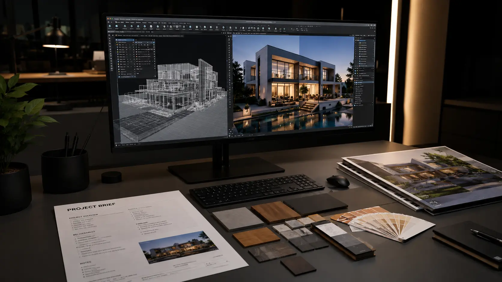 Rendering studio production desk with a 3D model and project brief for a submission