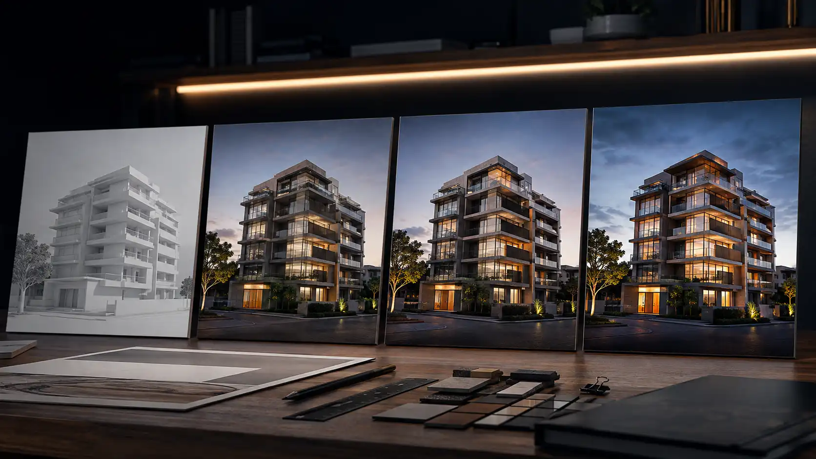 Architectural rendering timeline shown across four production stages from grey model to final image