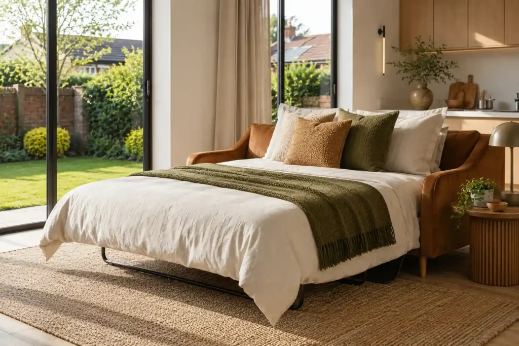 Interior rendering of a tan leather sofa bed styled in a bright living room beside garden doors by Archvizly