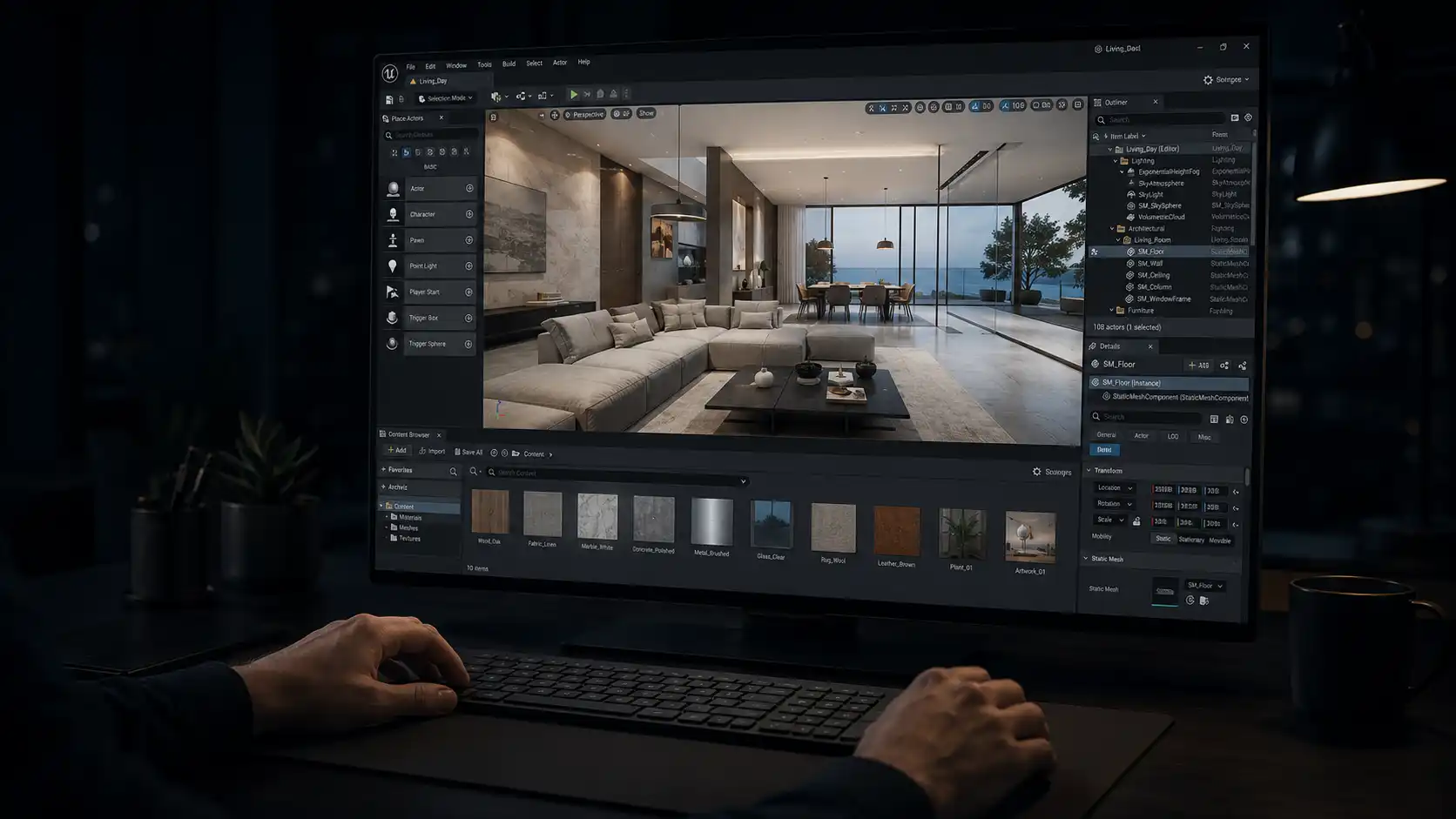 Twilight exterior rendering of a modern luxury villa with illuminated interiors, landscaped terraces, and outdoor lighting