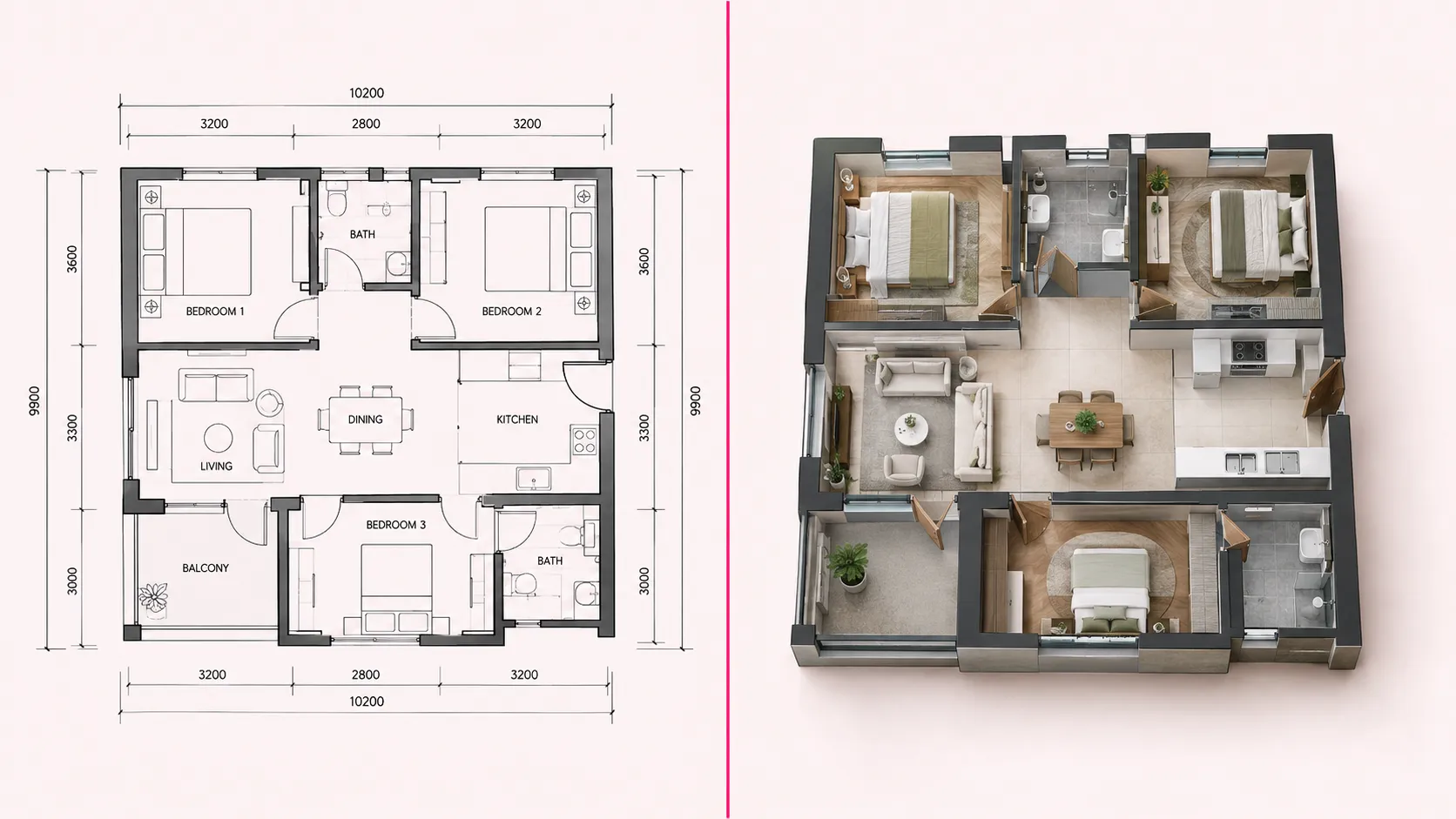 3D floor plan vs 2D floor plan comparison showing the same three-bedroom unit as a line-drawing plan and a furnished 3D render side by side