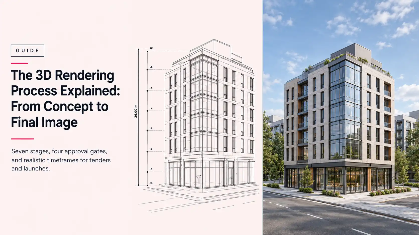 3d rendering process explained: a building drawing on the left becomes a photorealistic mid-rise render on the right