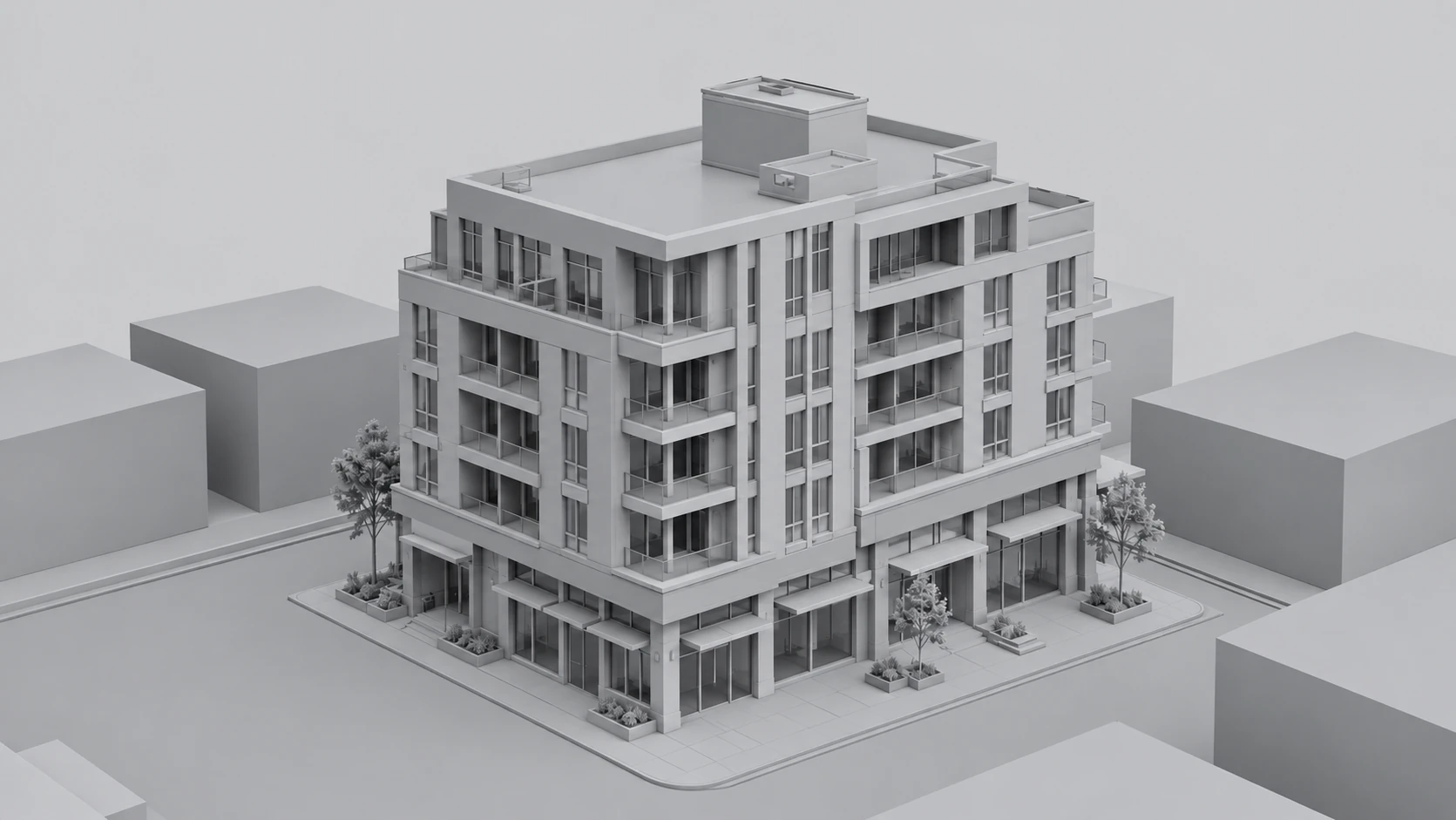 Grey clay render of a mid-rise mixed-use building used in the 3D rendering workflow to check geometry and proportions before materials are applied