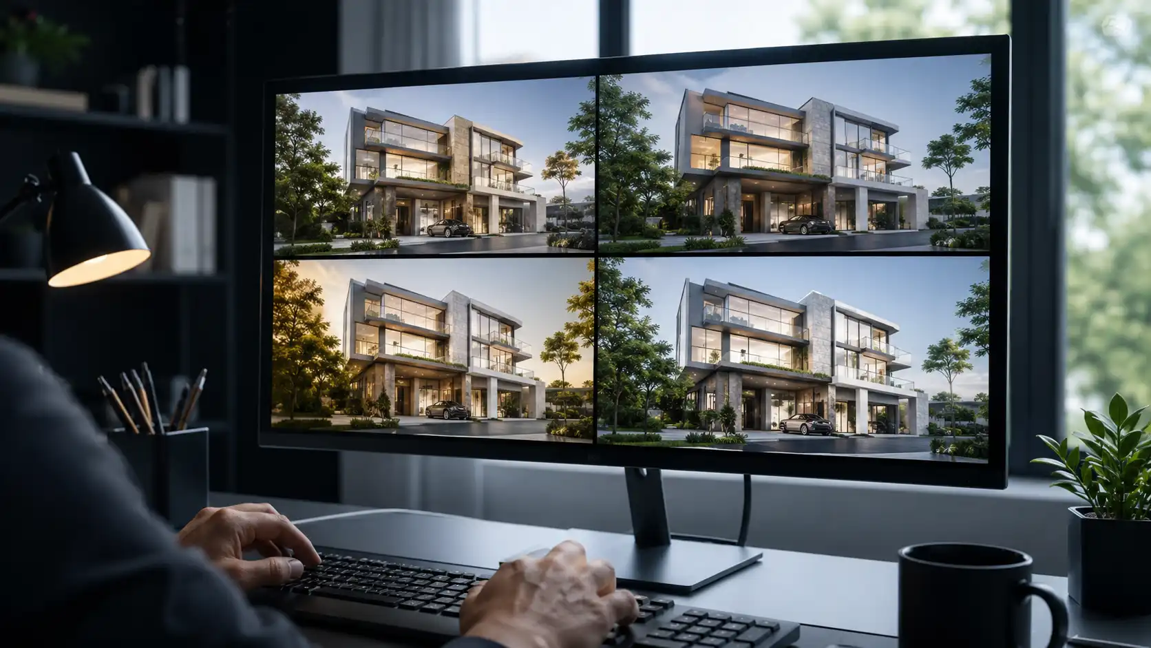 Architect comparing four AI architectural rendering tools outputs of the same building exterior on a widescreen monitor
