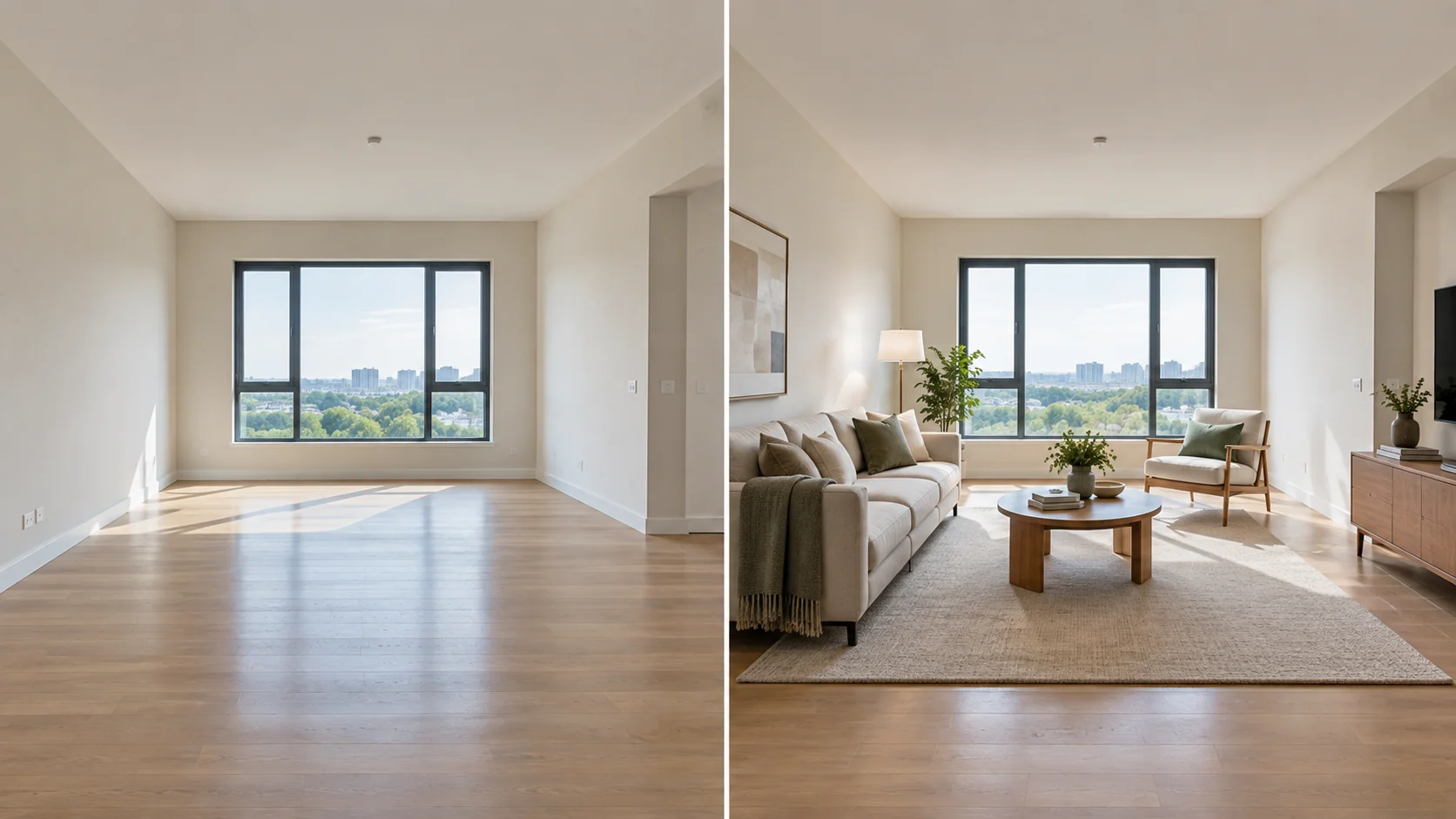Before and after AI virtual staging free tool result showing an empty apartment living room next to the same room furnished