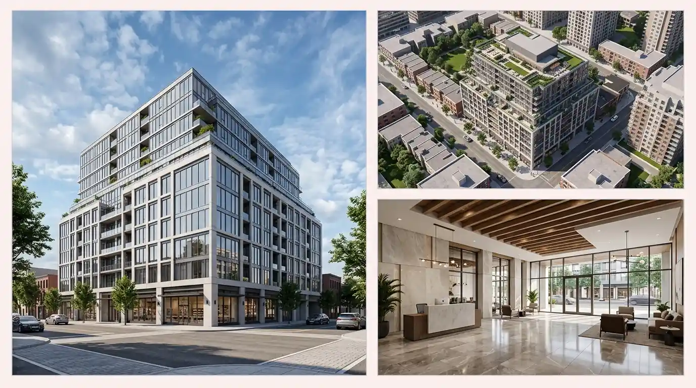 Architectural visualization workflow output for one project: exterior street view, aerial site view, and lobby interior in a single set
