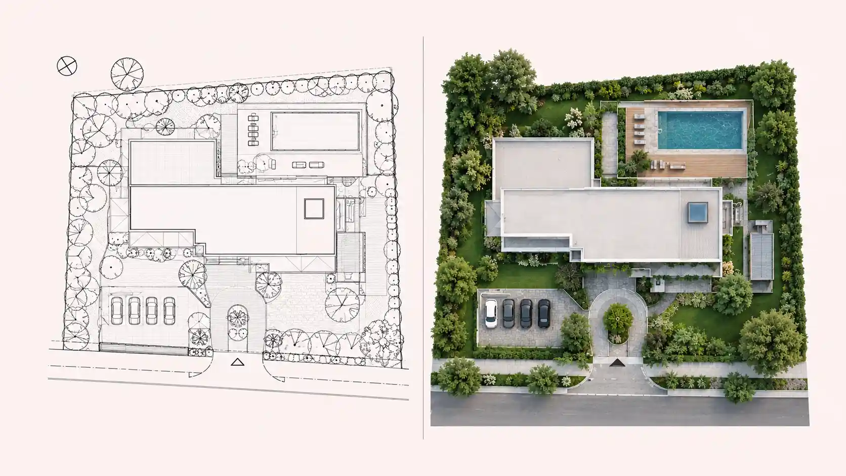CAD drawing to photorealistic site plan rendering comparison, before and after
