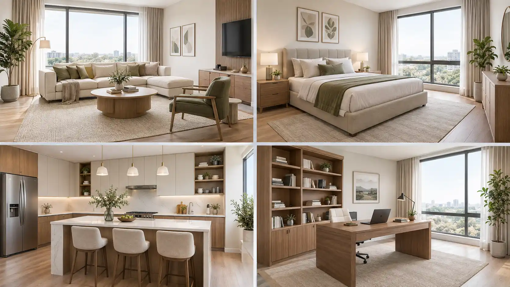 Virtually staged living room, bedroom, kitchen and home office from free real estate staging apps on vacant listing photos