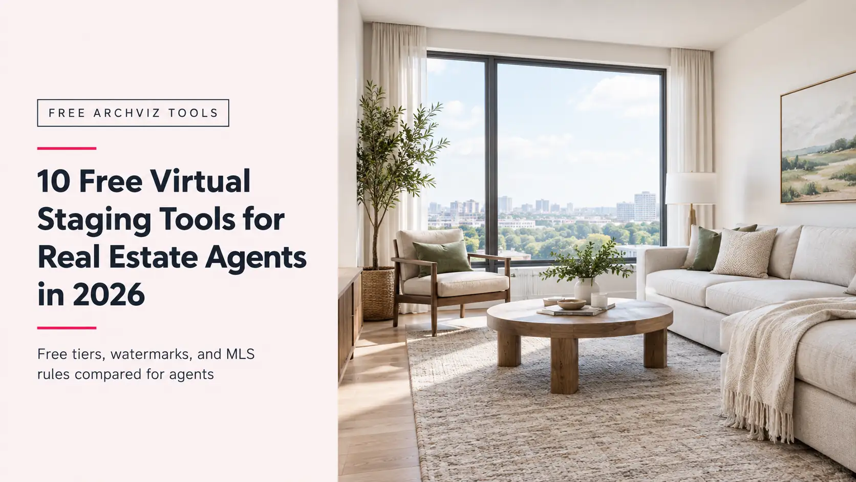 10 free virtual staging tools for real estate agents in 2026, shown beside a virtually staged living room