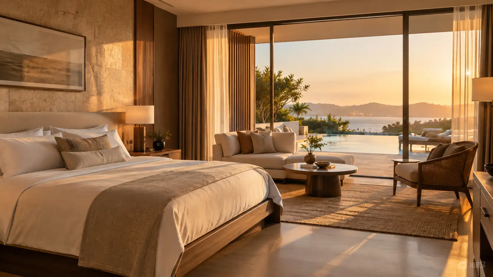 Interior rendering of a hospitality guest suite with a sunset sea view