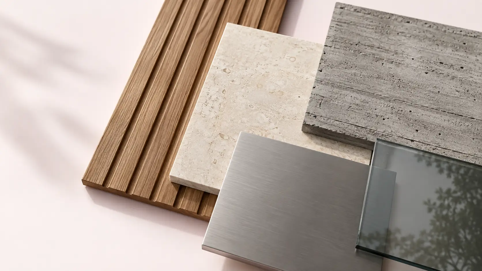 Facade sample palette of oak cladding, travertine, board-marked concrete, brushed metal, and glass showing the PBR materials chosen for a render