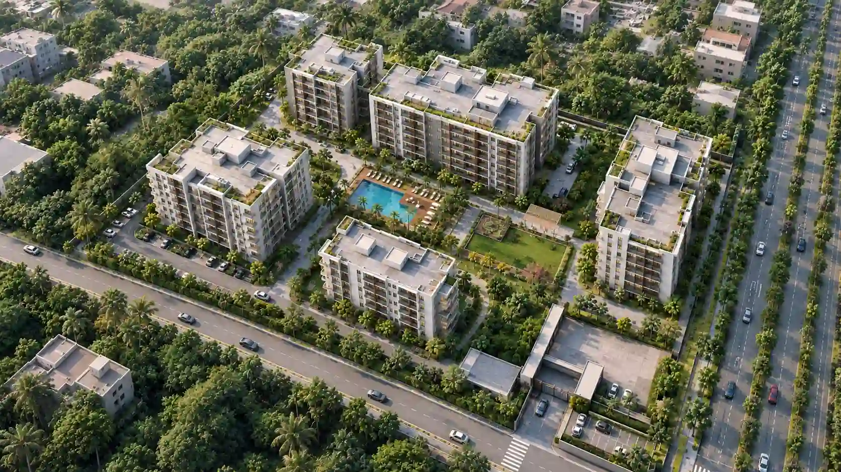 Aerial rendering of a multi-building residential development masterplan