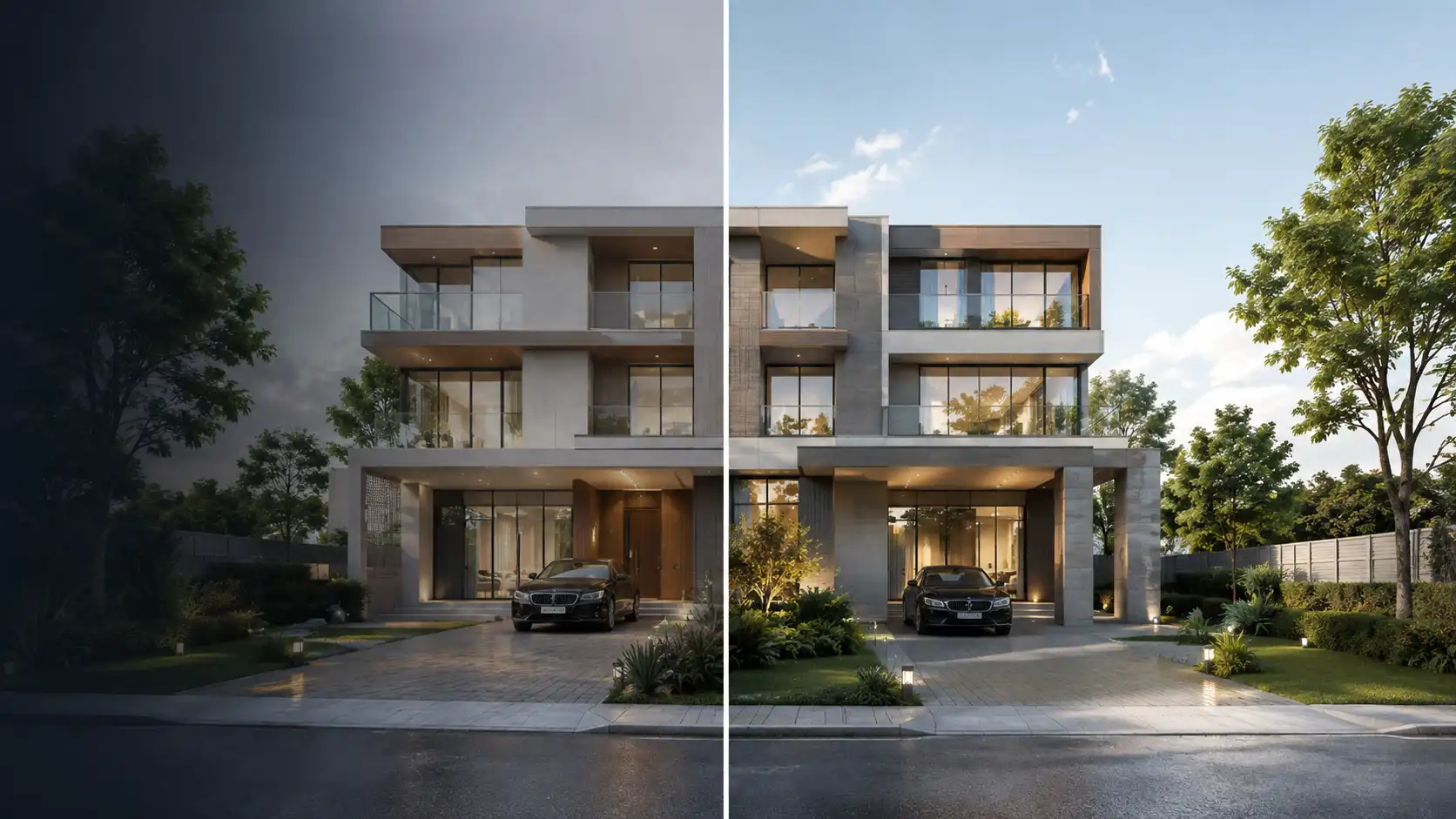Day and night CGI exterior render of a modern residential building produced for a real estate launch