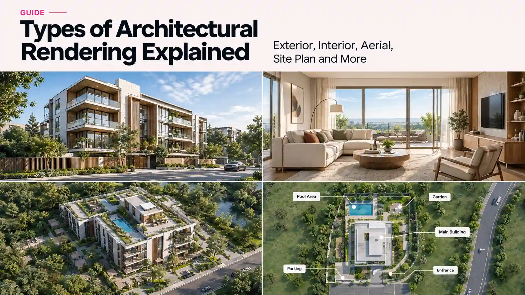 Types of architectural rendering guide: exterior, interior, aerial, and site plan renders in one overview