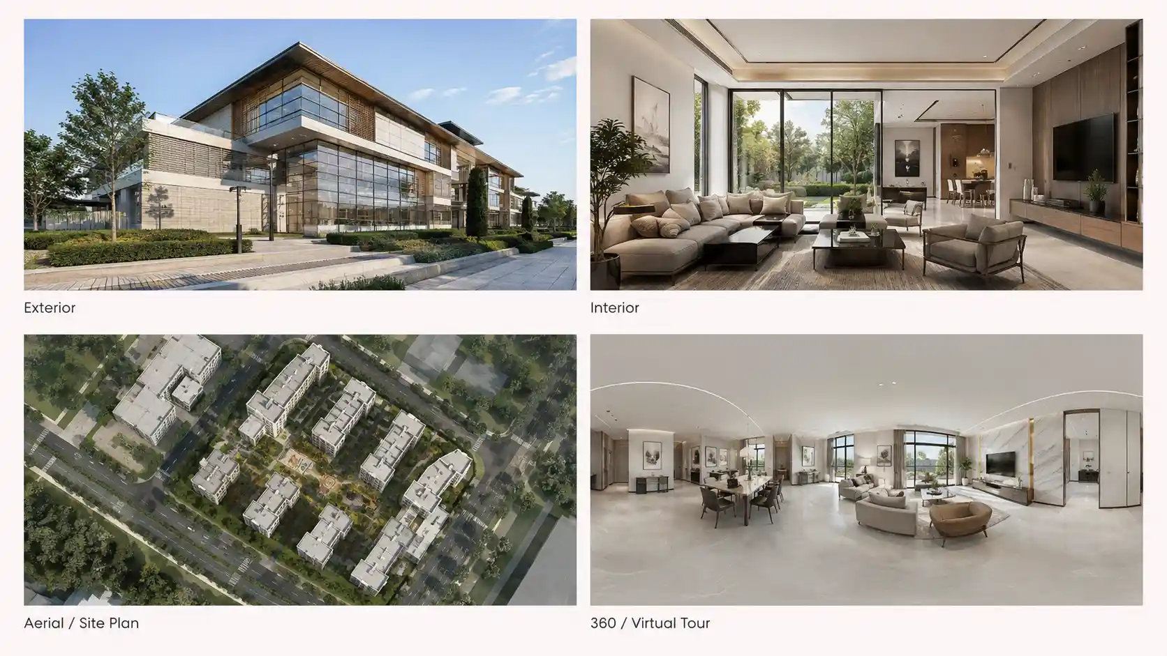 Types of architectural visualization shown in a four-panel grid: exterior, interior, aerial site plan, and 360 virtual tour renders