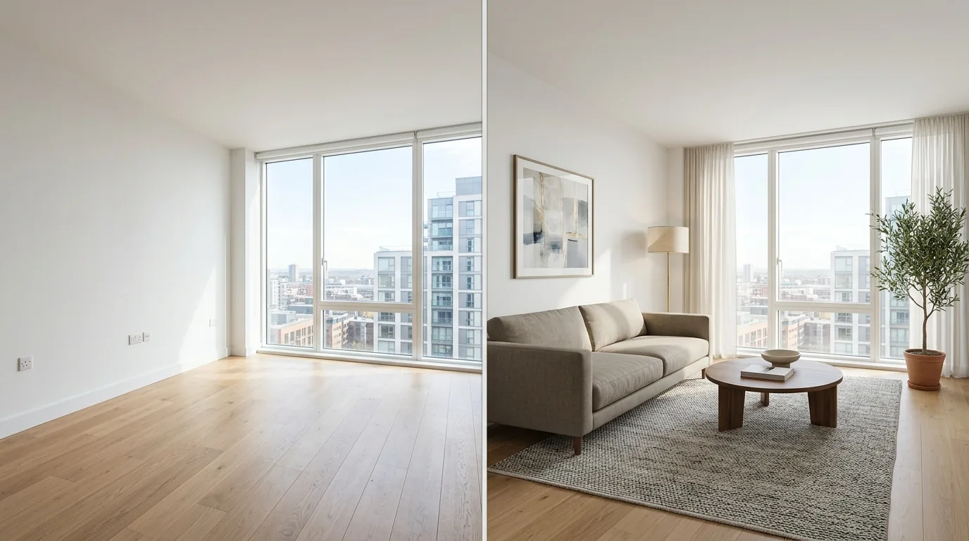 Empty apartment living room beside the same room virtually staged with sofa, rug, and decor by Archvizly