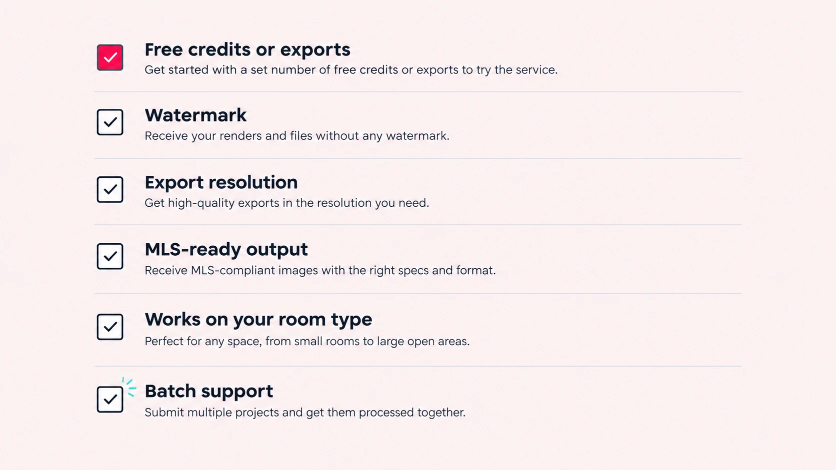Six-point checklist for virtual staging for realtors comparing free tools by credits, watermark, resolution, MLS output, room type and batch support