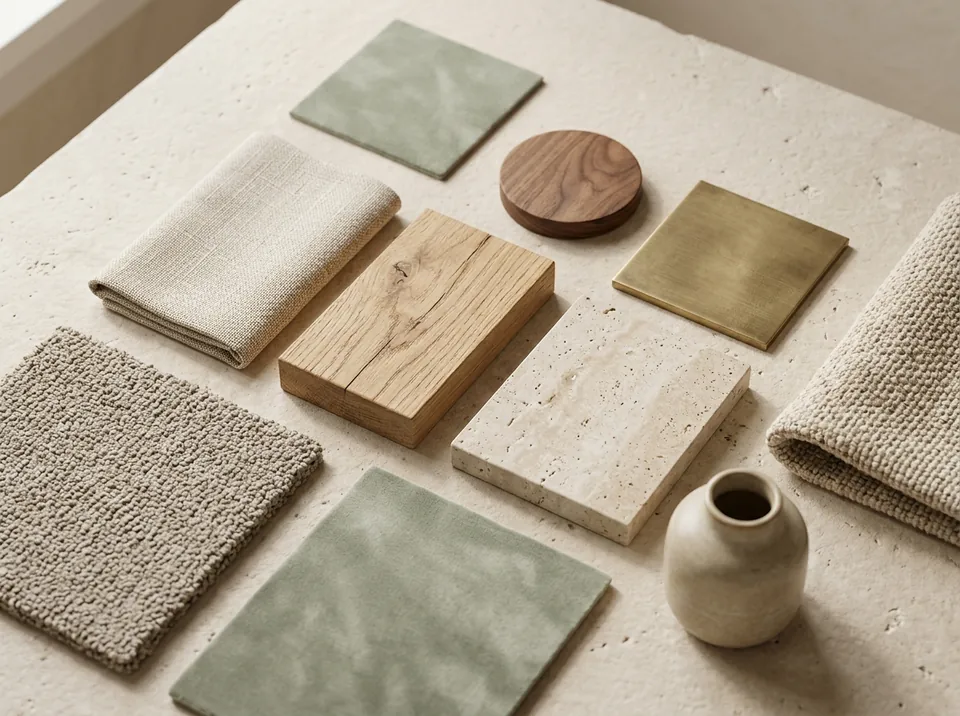 Fabric, timber, and stone sample palette used to style furniture and decor in Archvizly virtual staging