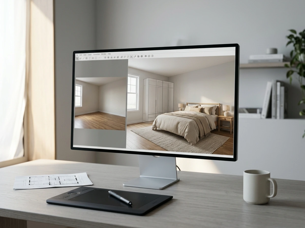 Visualization artist workstation showing a virtual staging project turning an empty bedroom photo into a furnished scene