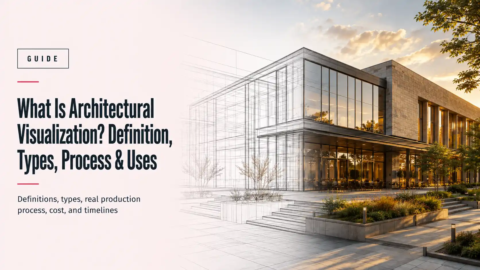 What is architectural visualization — a split image showing a building's wireframe model transforming into a photorealistic exterior render