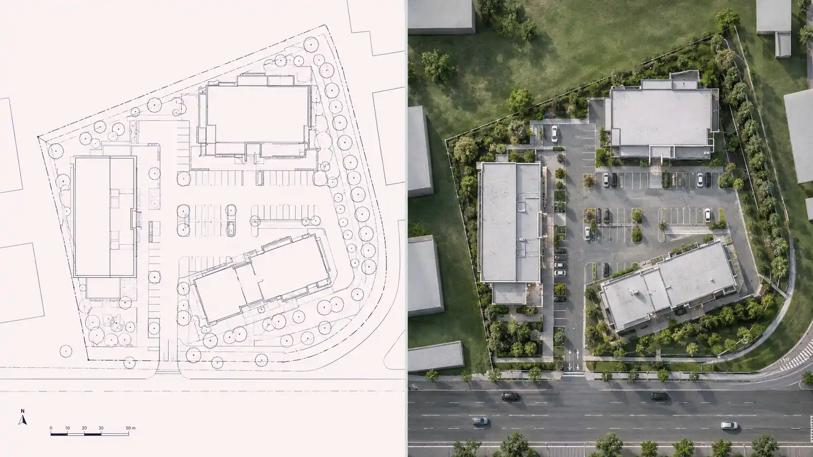 2D vs 3D site plan comparison showing a CAD site drawing beside the same commercial site rendered with materials, trees, and parking