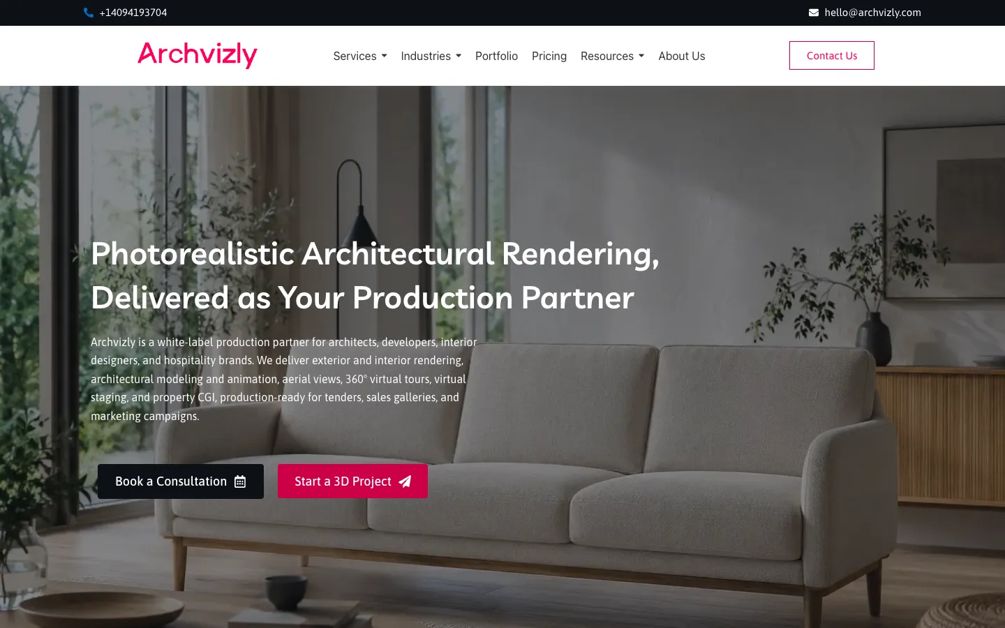 Archvizly homepage, a white-label rendering studio for developers, agencies and architects
