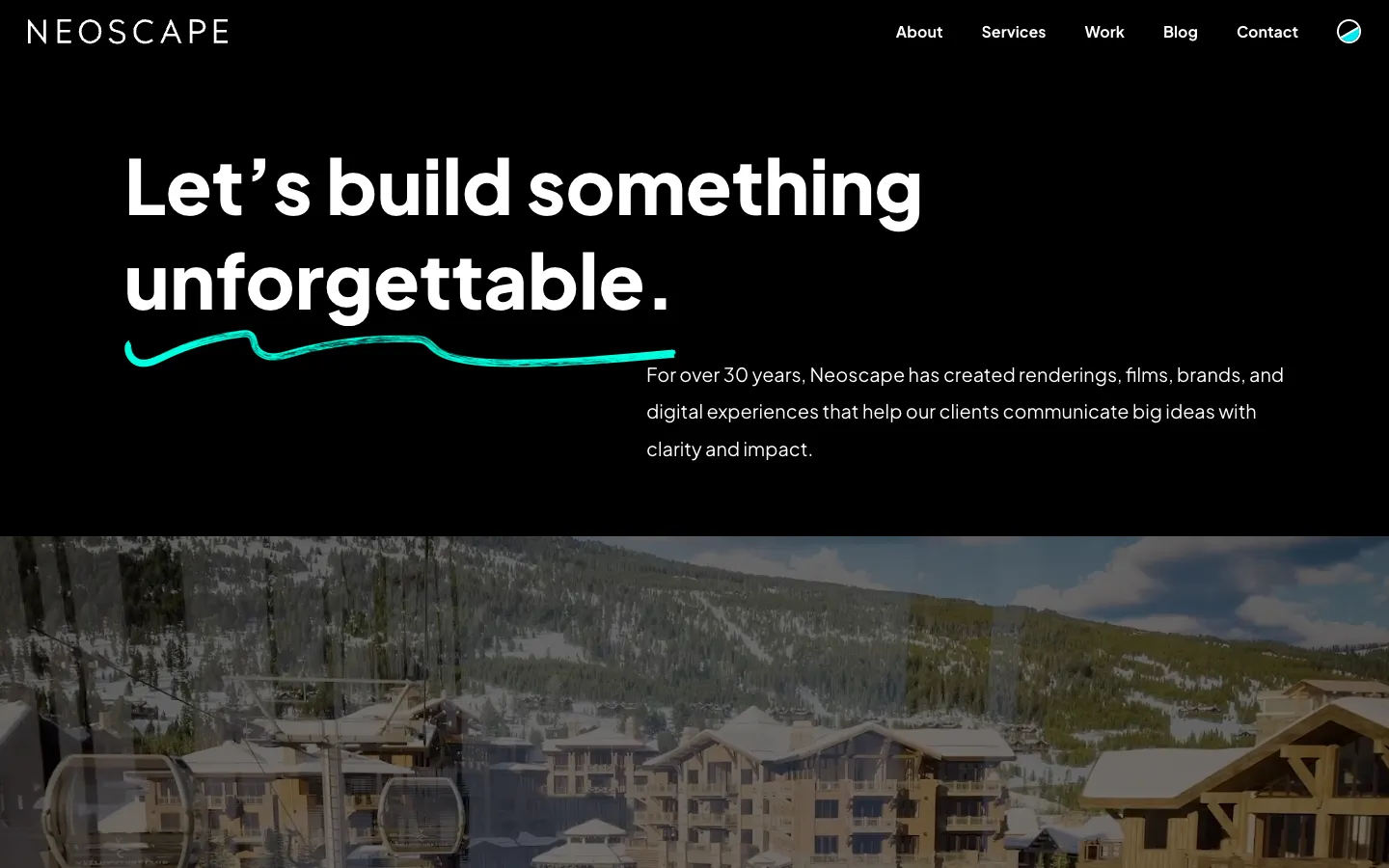 Neoscape homepage, among the top 3D rendering companies for renderings, film and brand work
