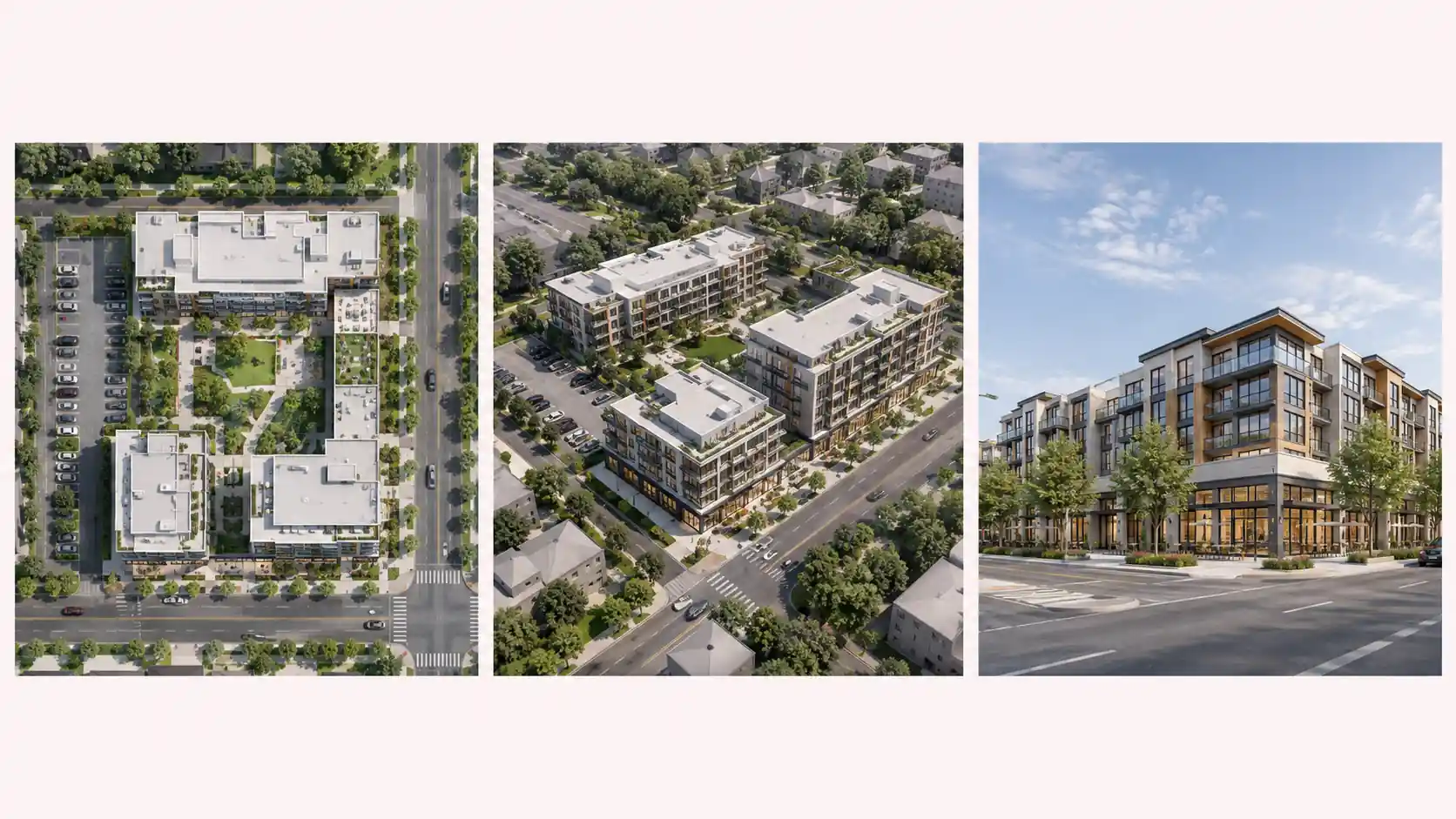 Site plan visualization package showing a top-down site plan, an oblique aerial view, and an eye-level street view of the same mixed-use project