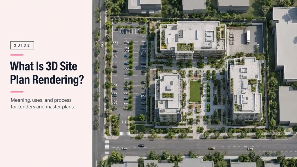 What is 3D site plan rendering: top-down view of a mid-rise residential site with parking, courtyard landscaping, and street access