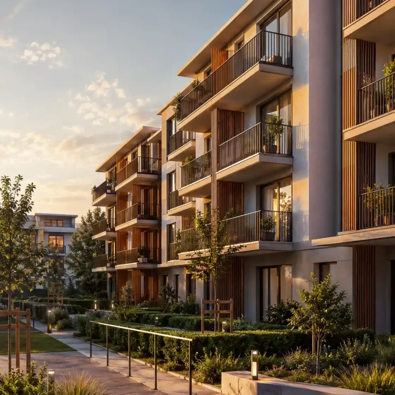 Photorealistic residential rendering of a low-rise apartment complex produced by Archvizly for real estate developers