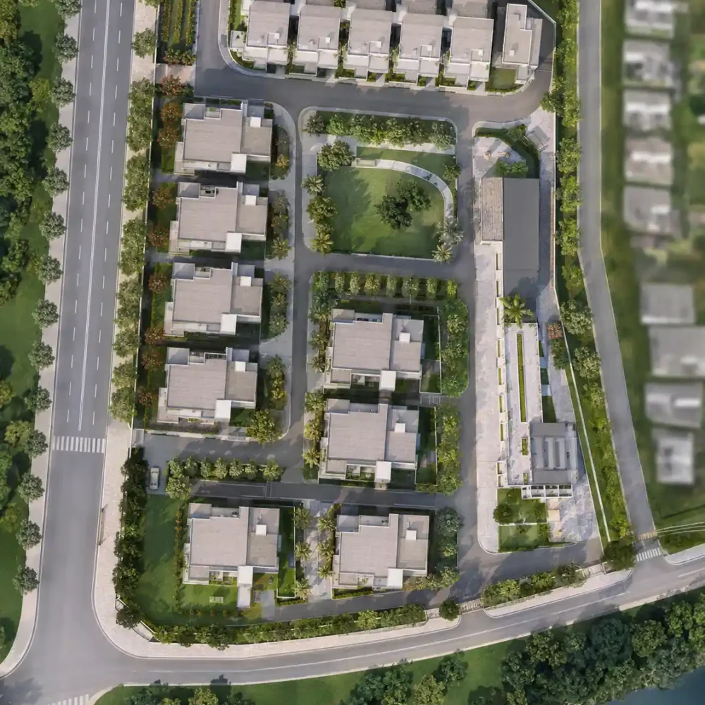 Photorealistic top-down site plan rendering of a development showing massing and context produced by Archvizly
