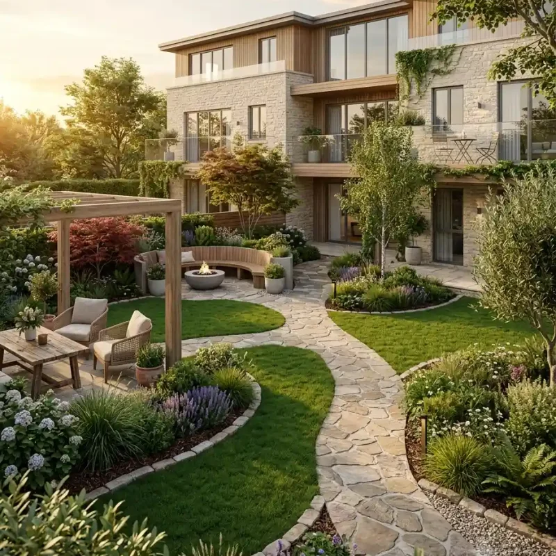Photorealistic landscape rendering of a landscaped garden courtyard produced by Archvizly for residential property marketing