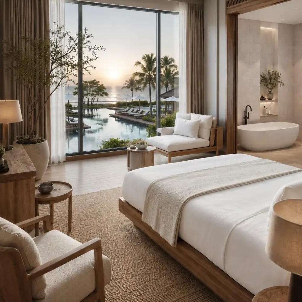 Photorealistic interior rendering of a luxury hotel suite produced by Archvizly for hospitality brand marketing