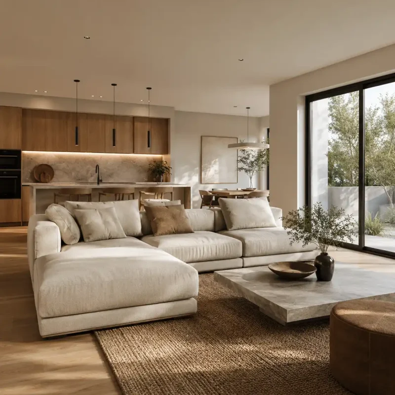 Photorealistic interior rendering of a contemporary living room produced by Archvizly for residential and interior design projects