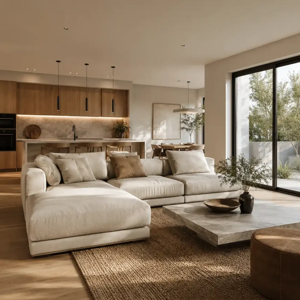 Photorealistic interior rendering of a contemporary living room produced by Archvizly for residential and interior design projects