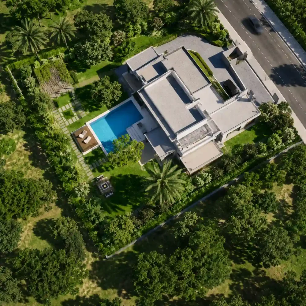 Aerial drone-view rendering of a luxury villa with pool, landscaped garden, and mature greenery by Archvizly