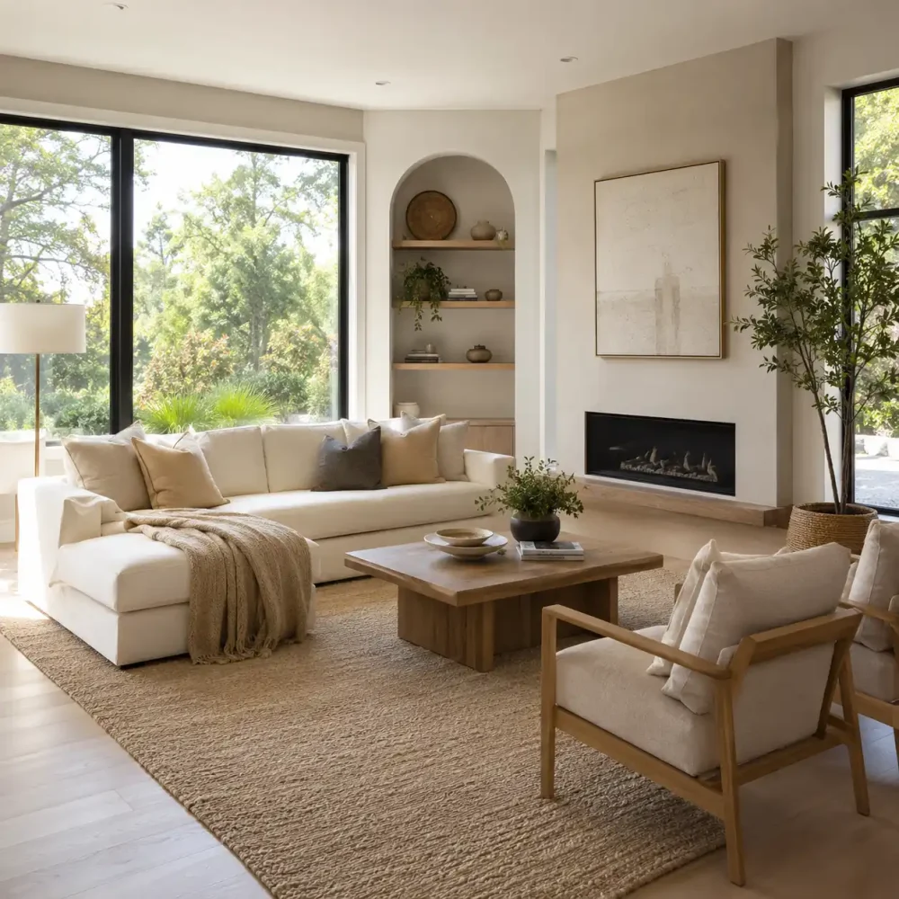 Photorealistic interior rendering of a modern living room with natural light, created by Archvizly for property marketing campaigns