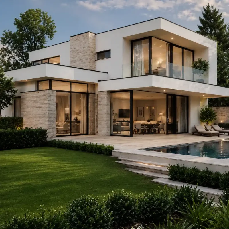 Photorealistic exterior rendering of a modern single-family villa produced by Archvizly for real estate developers in the UAE